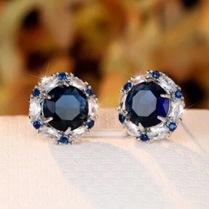 Sapphire Round Stud Earrings Something Blue Bride Wedding Mother Of Bride Gift - Bild 1 von 4