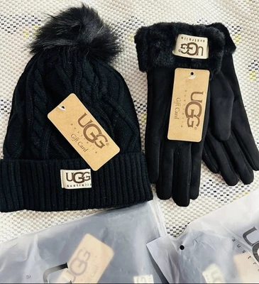 Winter UGG Gloves And Beanies Set, Cable Knit UGGs With Fleece Lined Black Color - Image 1 of 4