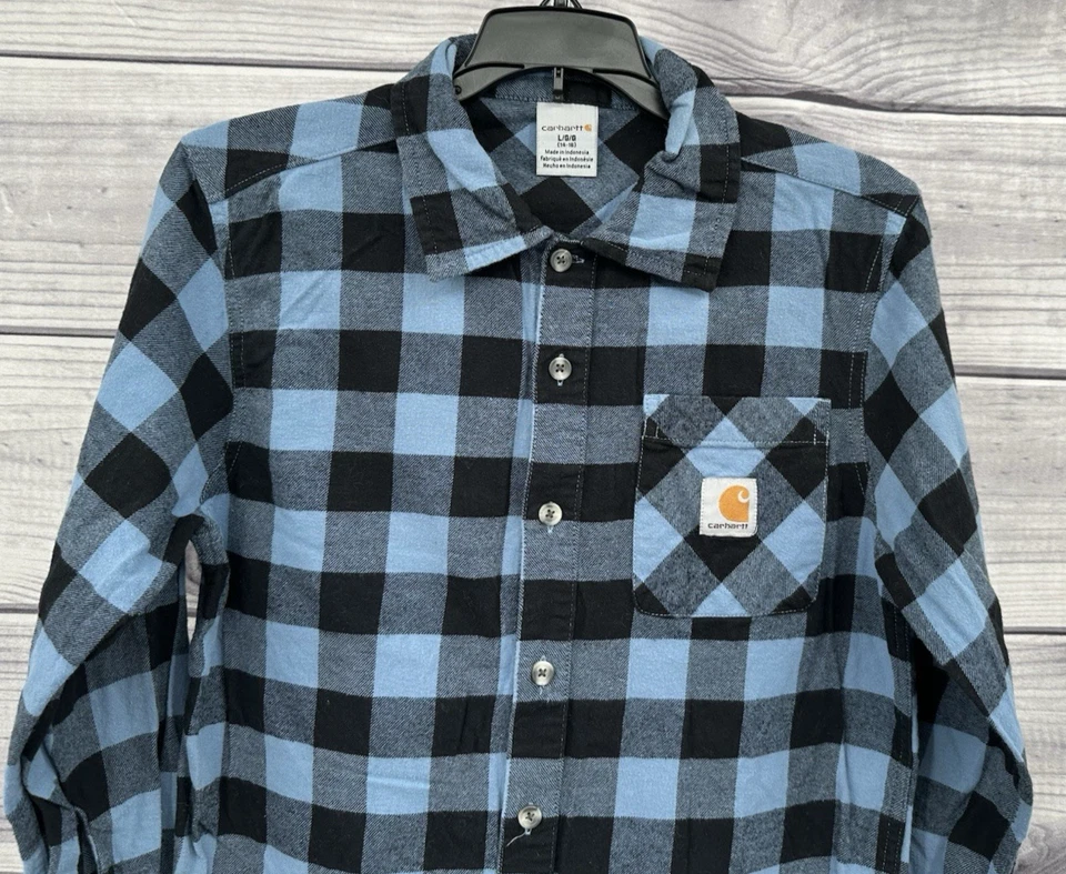CAMISA CARHARTT FLANELA BOTÃO PARA BAIXO Jovem Menino Tamanho Grande 14-16 PRETA/AZUL - Imagem 1 de 4