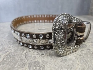 Bling Rhinestone Crystal Western Cowgirl Belt Real Leather Youth Sz Small D5212 - Picture 1 of 15