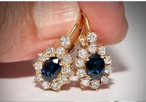 2Ct Oval Cut Lab Created Sapphire Dangle/Drop Earrings 14K Yellow Gold Finish - Picture 1 of 6