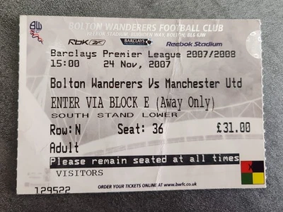 Biglietto partita Bolton Wanderers V Manchester United Premier League 2007/08 Grigio. - Immagine 1 di 4