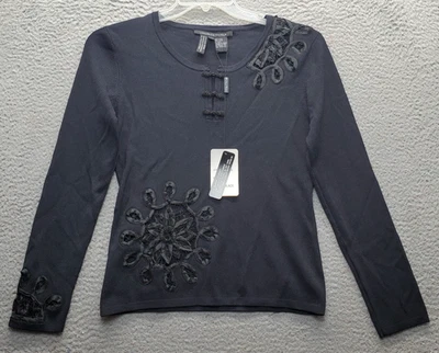 Blusa Top Michelle Nicole Mujer Mediana Negra Cuentas Floral Rana Botón Frontal Foto 1 de 4