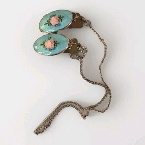 Guilloche Blue Enamel Rose Sterling Silver Sweater Clips Guard Vintage - Picture 1 of 8