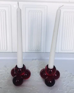A Pair Of Heavy Clear Red Glass Bubble Cluster Style Taper Candle Holders - Picture 1 of 13