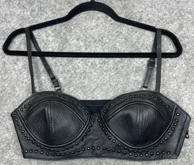 Vintage First Studded Leather Bra Women M Black Bralette Crop Top Grunge Emo Y2K - Image 1 of 4