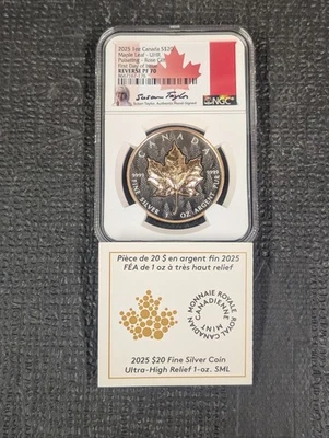 2025 REVERSE PF 70 $20 Canada Maple Leaf ROSE GILT -NGC FDOI Susan Taylor Signed - Image 1 of 4