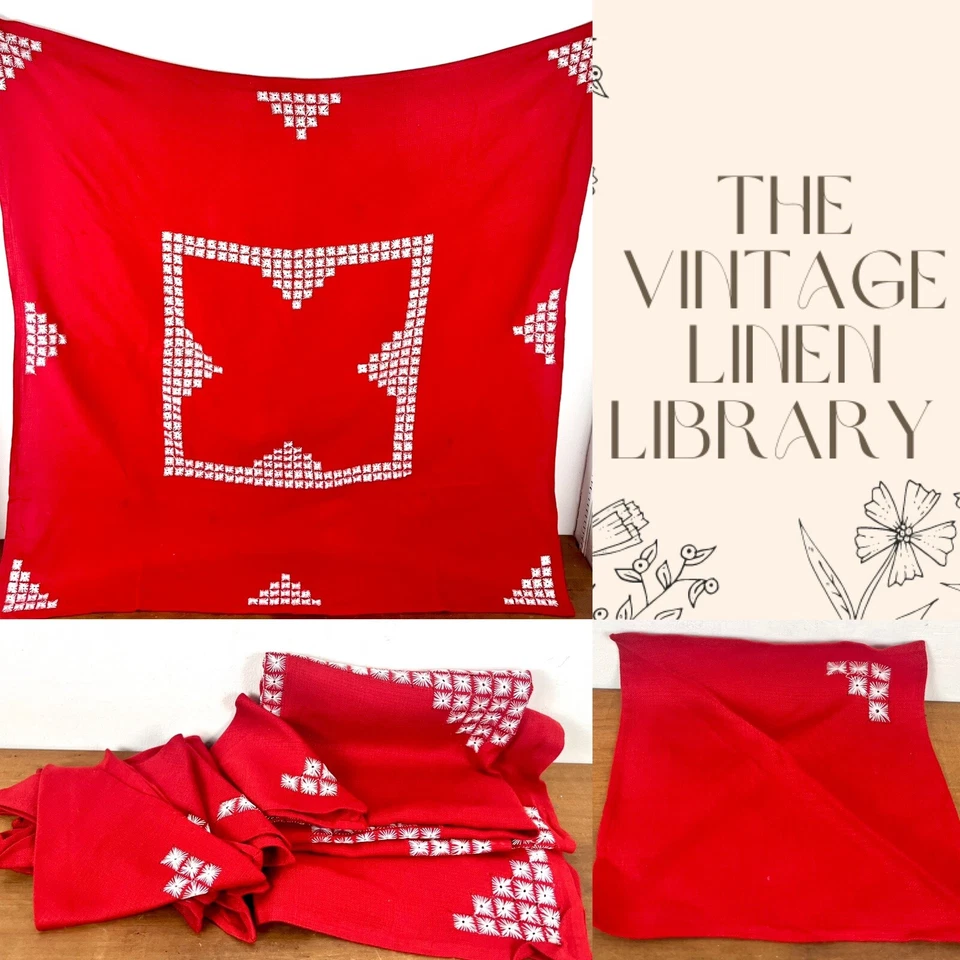 Vintage MCM Bright Red Tablecloth And Napkins Set Stitch Geometric Detailing - Image 1 of 4