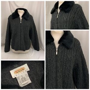 Talbots Petites Sweater Jacket L Women Gray Wool Button Fur Collar YGI S2-116
