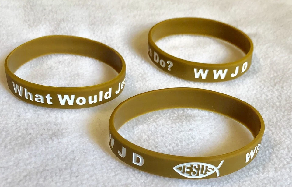 3 Jesus WWJD Bracelet Fundraiser Wristband  Rubber/Silicone Arm Band Gold/White - Image 1 of 1