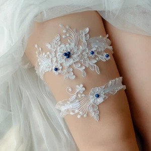 Wedding Bridal Lace Garter Set Blue Pearls Flowers Hen Night Party Wedding Gift - Picture 1 of 5