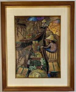 Pintura RARA sobre hojas de tabaco de MAITREE JUNTAROOPAMAI (siglo XX Tailandia) - Imagen 1 de 15