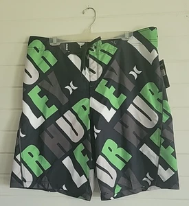Hurley Board Short Men 38 XL Black Green Graphic Print Swimwear Board Shorts NEW - Picture 1 of 11