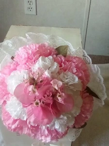 Bridal artificial silk flowers bouquet white and pink. - Picture 1 of 10