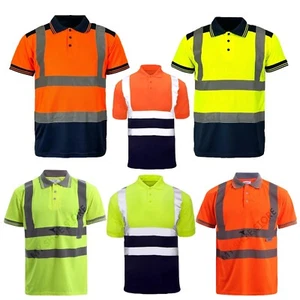 Hi Vis Polo T-Shirt High Visibility Reflective Tape Safety Security Workwear Top - Picture 1 of 10