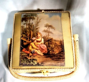 Vtg Weaved Sewing Basket w/Fabric Renaissance Artwork Lid & Bakelite Clasp & Acc - Picture 1 of 8