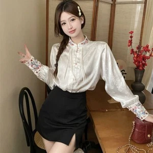 Mujeres Camisa de satén imitación seda Prendas para el torso Negocios Pullover Blusa Vintage Estilo Chino - Imagen 1 de 15