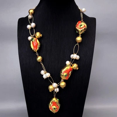 Colar pingente de pérola branca cultivada coral laranja feminino colar corrente joias - Imagem 1 de 4