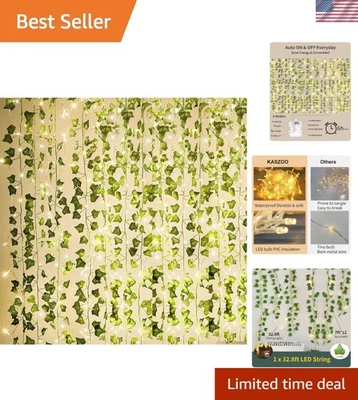 Paquete de 12 guirnaldas de vid de hiedra verde con 80 LED blancos cálidos certificados - impermeables Foto 1 de 4