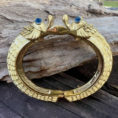 Betsey Johnson Gold tone Enamel Kissing Fish Cuff Bracelet Blue Jewel Eyes - Image 1 of 4