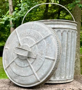 Vintage 14" x 13" Wheeling Galvanized Metal Trash Basket Can W/ Lid Industrial - Picture 1 of 13