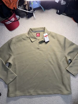 New Nike Polo Shirt Mens Large Long Sleeve Oversized Loose Swoosh Beige/Olive - Image 1 of 4