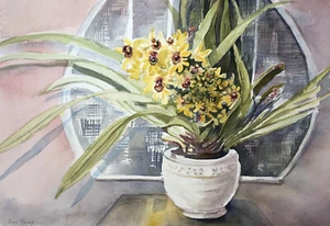 Original Painting Floral Watercolor Signed Joan Perry Vintage Art 14” H x 20” W - Picture 1 of 7