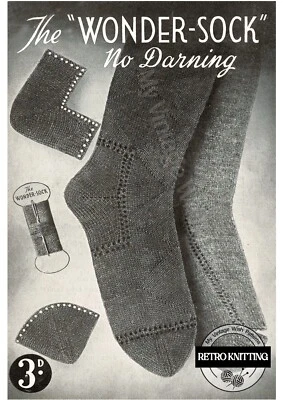 Vintage Wartime " Mens Wonder Sock" Knitting Pattern – Replaceable Heels & Toes - Image 1 of 2
