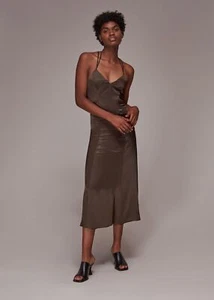 Whistles Satin Cami Dress UK 14 BNWT Brown Silky Slip RRP 129 Midi Strappy Party - Picture 1 of 10