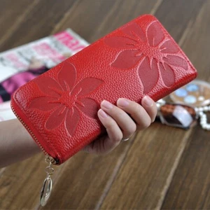 Genuine Leather Wallet Women Cowhide Long Zip Around Purse Card Holder Clutch - Picture 1 of 10