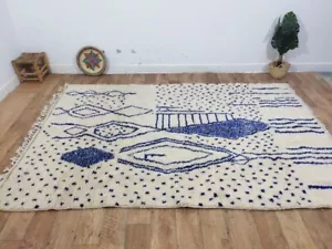 Moroccan Azilal Rug Berber Handmade 6'4x9'5 ft Beni ourain Blue White Wool Rug - Picture 1 of 16