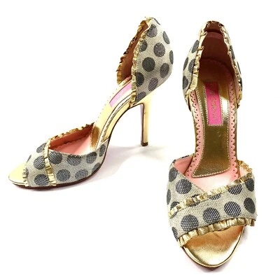 Zapatos de salón Betsey Johnson para mujer de tacón alto con punta abierta a lunares de cuero dorado 7,5 NUEVO Foto 1 de 4