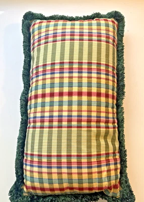 Throw Pillow Gingham Check Lumbar  Green Fringe Edge 20 x 12" Plaid RLL Vibe EUC - Image 1 of 4