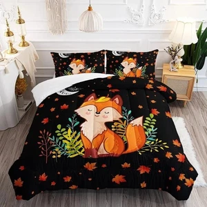 Cartoon Fox Comforter Set 3-Pieces Cute Fox Bedding Set Moon Plants Leaves Pr... - Picture 1 of 6