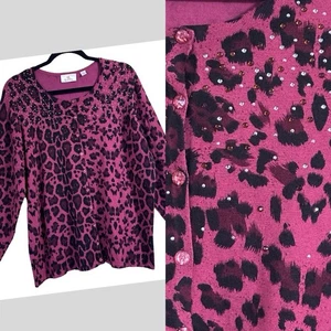Quacker Factory Leopard Animal Print Magenta Rhinestone Cardigan Sweater Size 1X - Picture 1 of 13