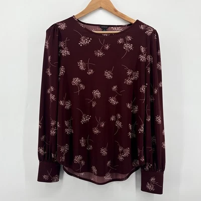 Top Ann Taylor Borgoña Estampado Floral Manga Larga Manga Abullonada Puño Botón Mediano Foto 1 de 4