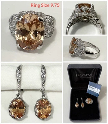 Joseph Esposito ESPO Sterling Silver CZ & Morganite Dangle Earrings & Ring Set - Image 1 of 4