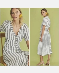 Abito Anthropologie Pilcro con volant e colletto buttondown bianco misto lino midi 4 - Foto 1 di 7