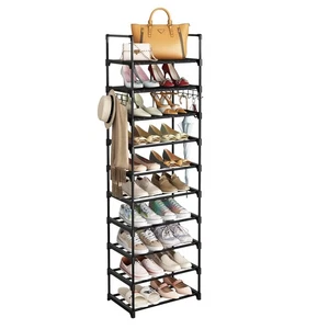 10-Tier Shoe Rack: Tall Narrow Metal Shelf with Hooks - Black, Holds 20-24 Pa... - Bild 1 von 7
