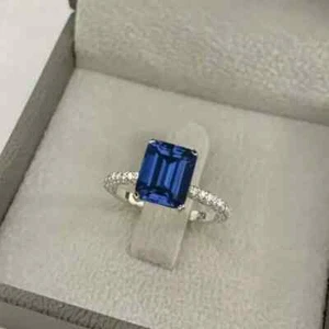 925 Sterling Silver Emerald Cut Simulated Blue Sapphire Women Engagement Ring - Picture 1 of 2