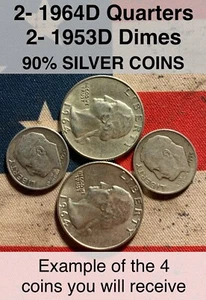 Lot Of 4 90% Silver Coins 2 1964 D Quarters & 2 1953 Roosevelt Dimes - Picture 1 of 10