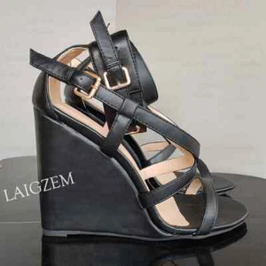 Women Sandals Wedges Open Toe Straps High Heels Sandals Pumps Handmade Shoes Wom - Picture 1 of 7