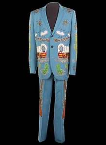 Men Blue 2Pc Customized Vintage Western Suit Cactus Embroidered Cowboy Wear Set - Picture 1 of 11
