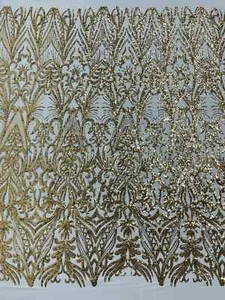 Sequins Fabric - Gold - Fancy Damask Pattern 4 Way Stretch Fabric  - Picture 1 of 4