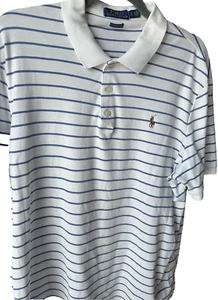 Polo Ralph Lauren Classic Fit Mens Polo Shirt Blue Striped Flesh Pony Large - Picture 1 of 4