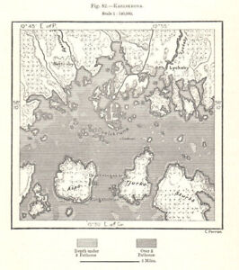 Karlskrona i okolice. Szwecja. Mapa szkicu 1885 stara antyczna mapa planu