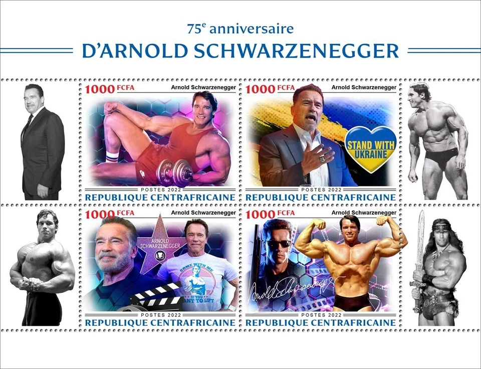 Arnold Schwarzenegger 75th Ann. MNH Stamps 2022 Central African Republic M/S - Image 1 of 1