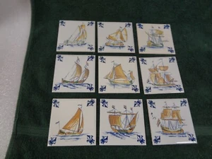 Vintage Set of 9 KLM Airlines Dutch Delft Ceramic POLICHROME Tile Coasters Ships - Picture 1 of 10