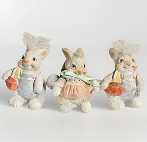 3 Vintage Ostern Keramik Hase Hasen Figuren mit Fell Haar signiert KRISTIN - Bild 1 von 9