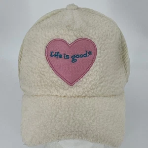 Life is good Hat - Womens StrapBack Corduroy Cap EUC - Fleece Lambs Wool Heart - Picture 1 of 15